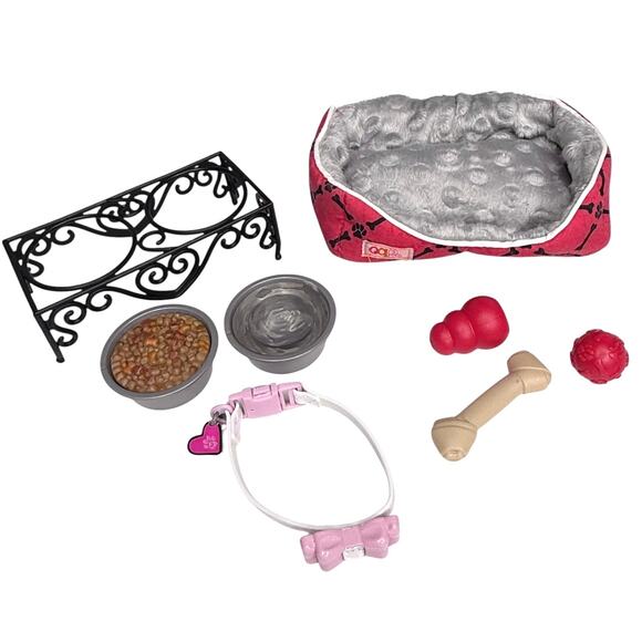Dog Toys Bone Bow Collar Food Water Bowls Stand Battat OG For American Girl Pets - Picture 9 of 10